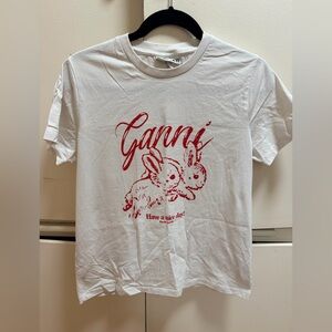 Ganni White Tee with Red Bunny Print